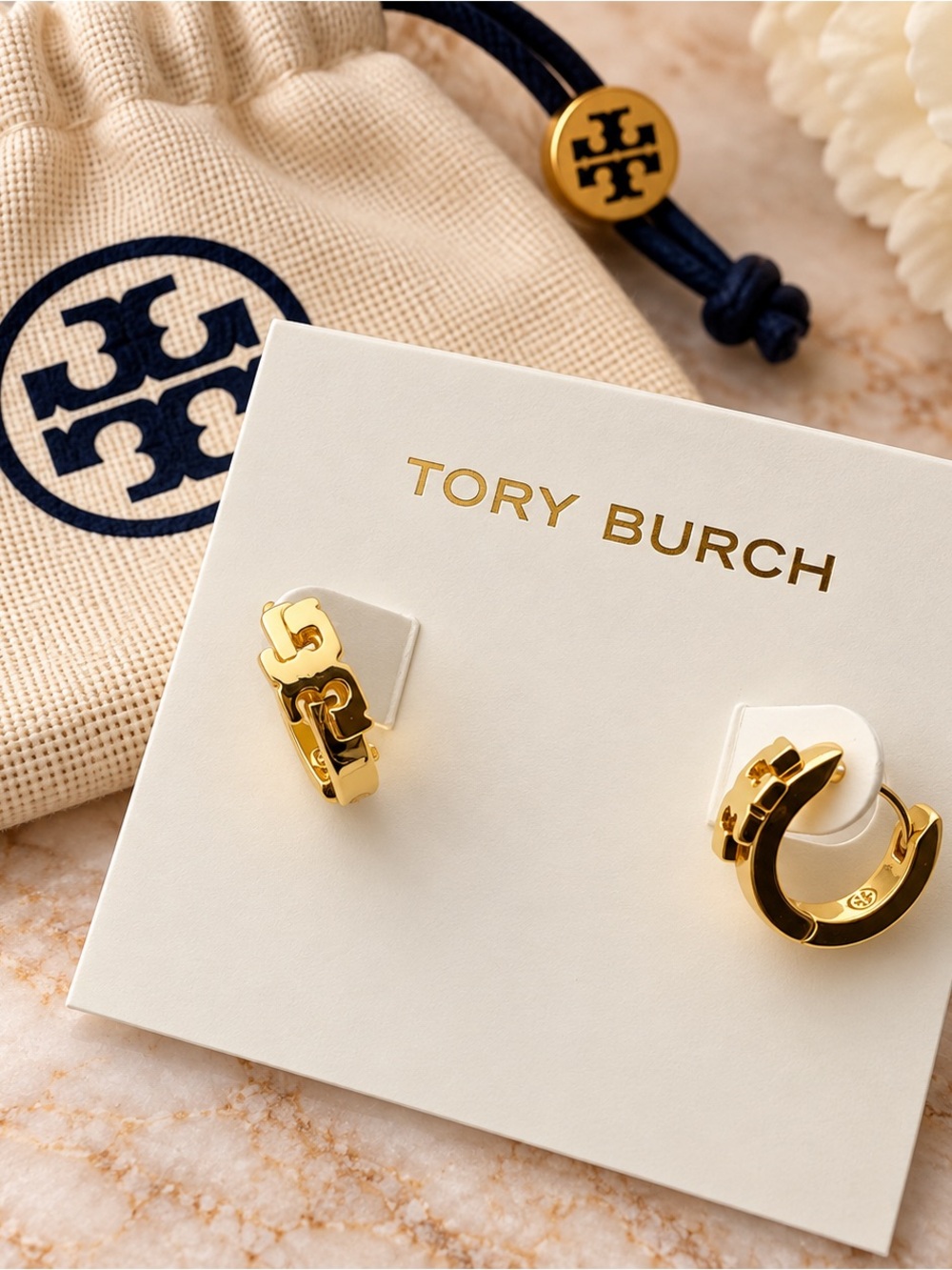 Tory Burch Gold Logo Small Hoop Earrings